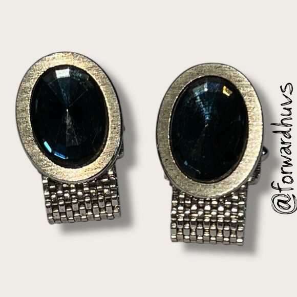 Vintage Silver-Tone Mesh Cufflinks – Faceted Blue Glass Stones - Picture 7 of 9